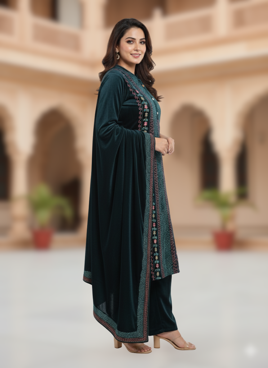 KRITI विंटर वेलवेट 3 पीस कढ़ाई कुर्ती सेट टील रंग महिलाओं के लिए