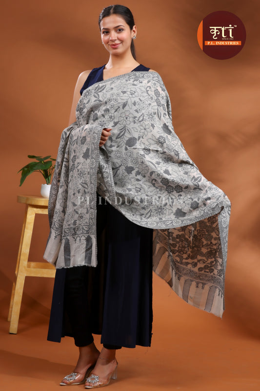 KRITI  Premium Floral Border Design Fine Wool Grey and White Stole For Women