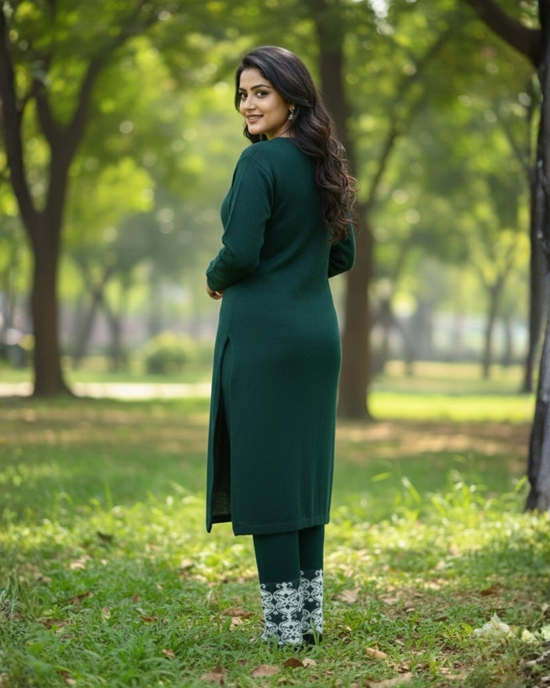 KRITI Wool Blend 3-Piece Embroidered Kurti Set for Women | Warm Knitted Kurti Lower & Stole Dupatta | Winter Indian Ethnic Wear Suit | M to XXL |