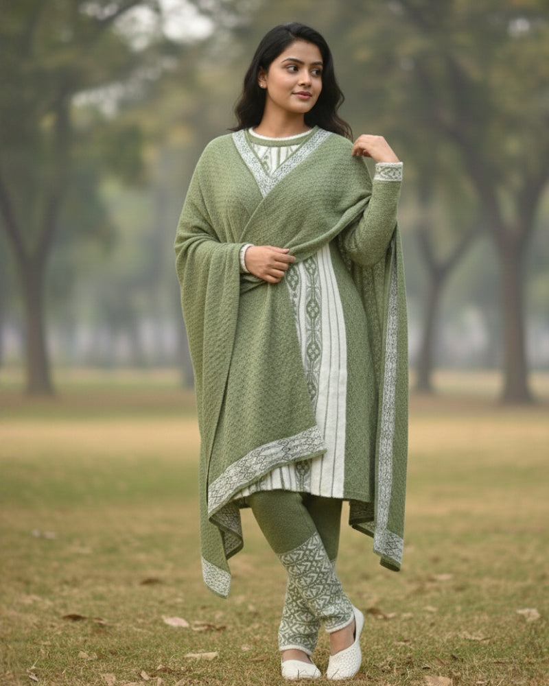 Full Sleeve Knee Length Hair Wool Fabric Pista Color 3 PC Kurti Set For Women