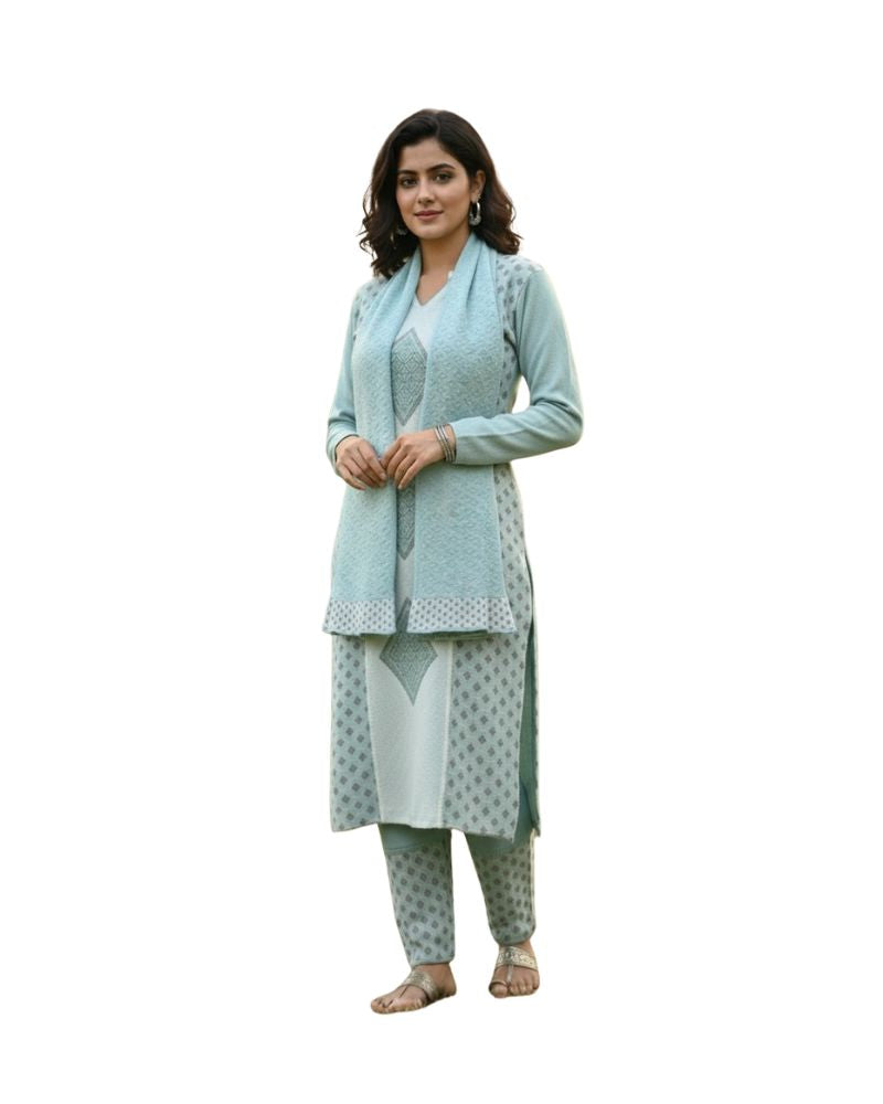 प्रीमियम 3-पीस ऊनी विंटर कुर्ती सेट | बॉटम और स्टोल के साथ बुना हुआ कुर्ता | M-XXL साइज़