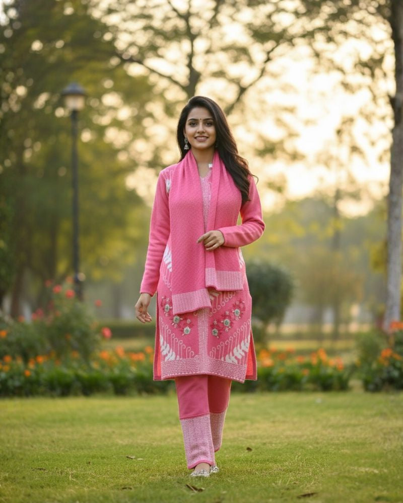 प्रीमियम 3-पीस ऊनी विंटर कुर्ती सेट | बॉटम और स्टोल के साथ बुना हुआ कुर्ता | M-XXL साइज़