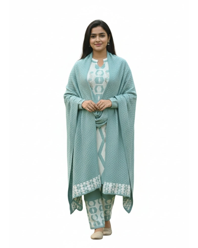 Women's Geometric Print Sea Green Color Woolen Kurti Set  | Warm Winter 3-Piece Suit