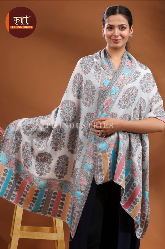 KRITI प्रीमियम पश्मीना (फाइन वूल) हल्के ग्रे रंग का स्टोल लड़कियों के लिए