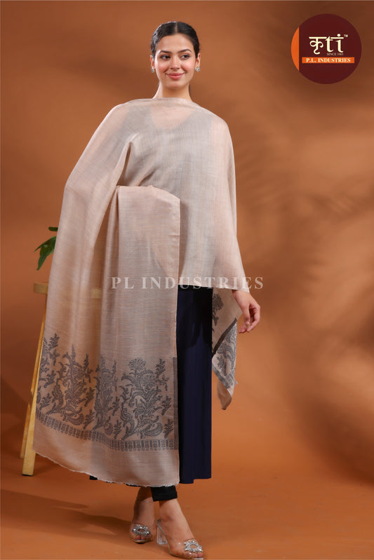 KRITI Luxury Border Floral Design Fine Wool Beige Stole for Girl