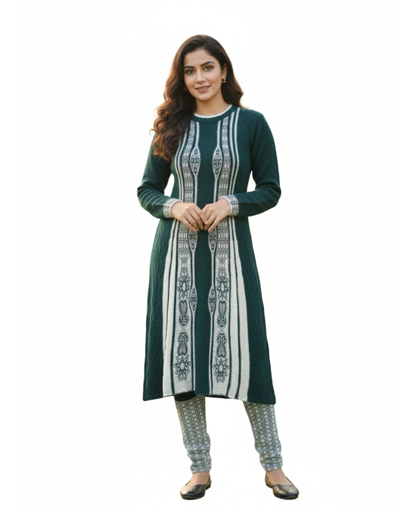 Full Sleeve Knee Length Woolen Fabric Bottle Green Color 3 PC Kurti Set For Women