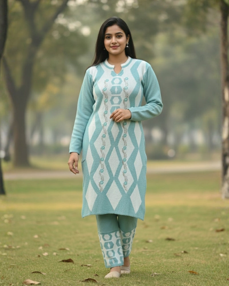 Women's Geometric Print Sea Green Color Woolen Kurti Set  | Warm Winter 3-Piece Suit