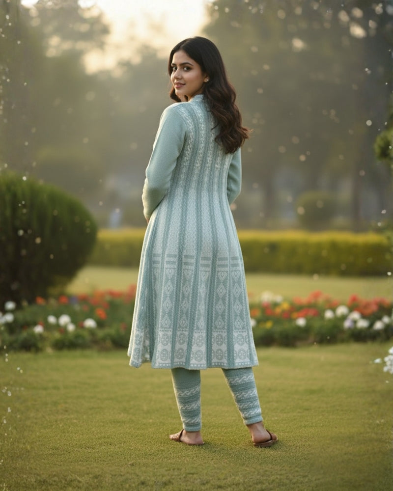 KRITI बुना हुआ ऊनी फ्रॉक कुर्ता सेट | बॉटम वियर के साथ 2-पीस विंटर कुर्ती 