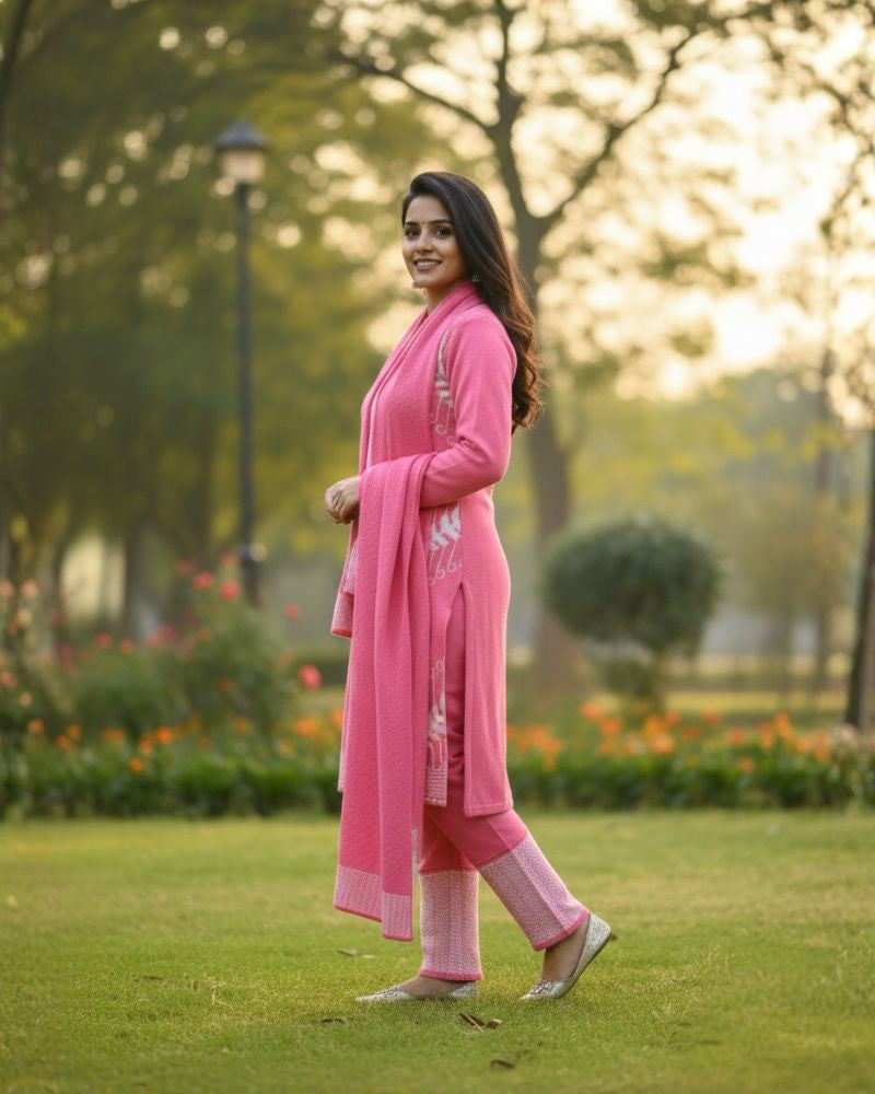 प्रीमियम 3-पीस ऊनी विंटर कुर्ती सेट | बॉटम और स्टोल के साथ बुना हुआ कुर्ता | M-XXL साइज़