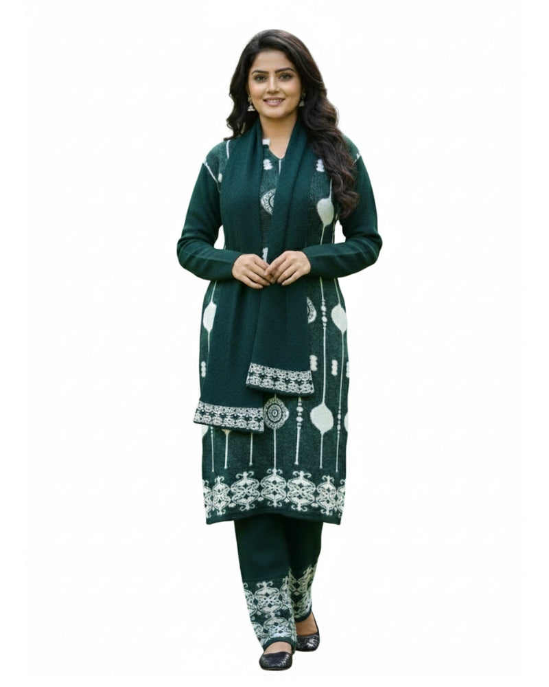 KRITI Wool Blend 3-Piece Embroidered Kurti Set for Women | Warm Knitted Kurti Lower & Stole Dupatta | Winter Indian Ethnic Wear Suit | M to XXL |