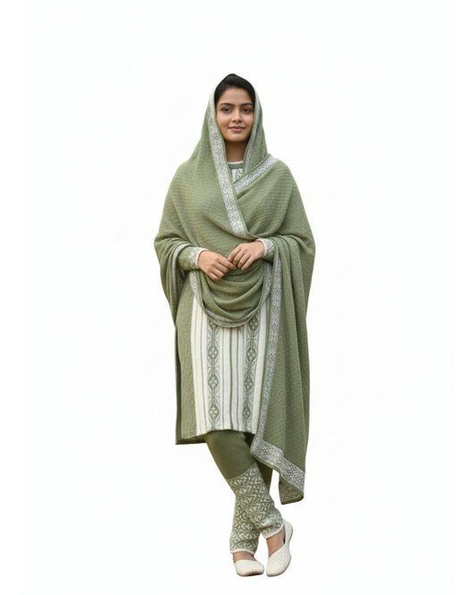 Full Sleeve Knee Length Hair Wool Fabric Pista Color 3 PC Kurti Set For Women