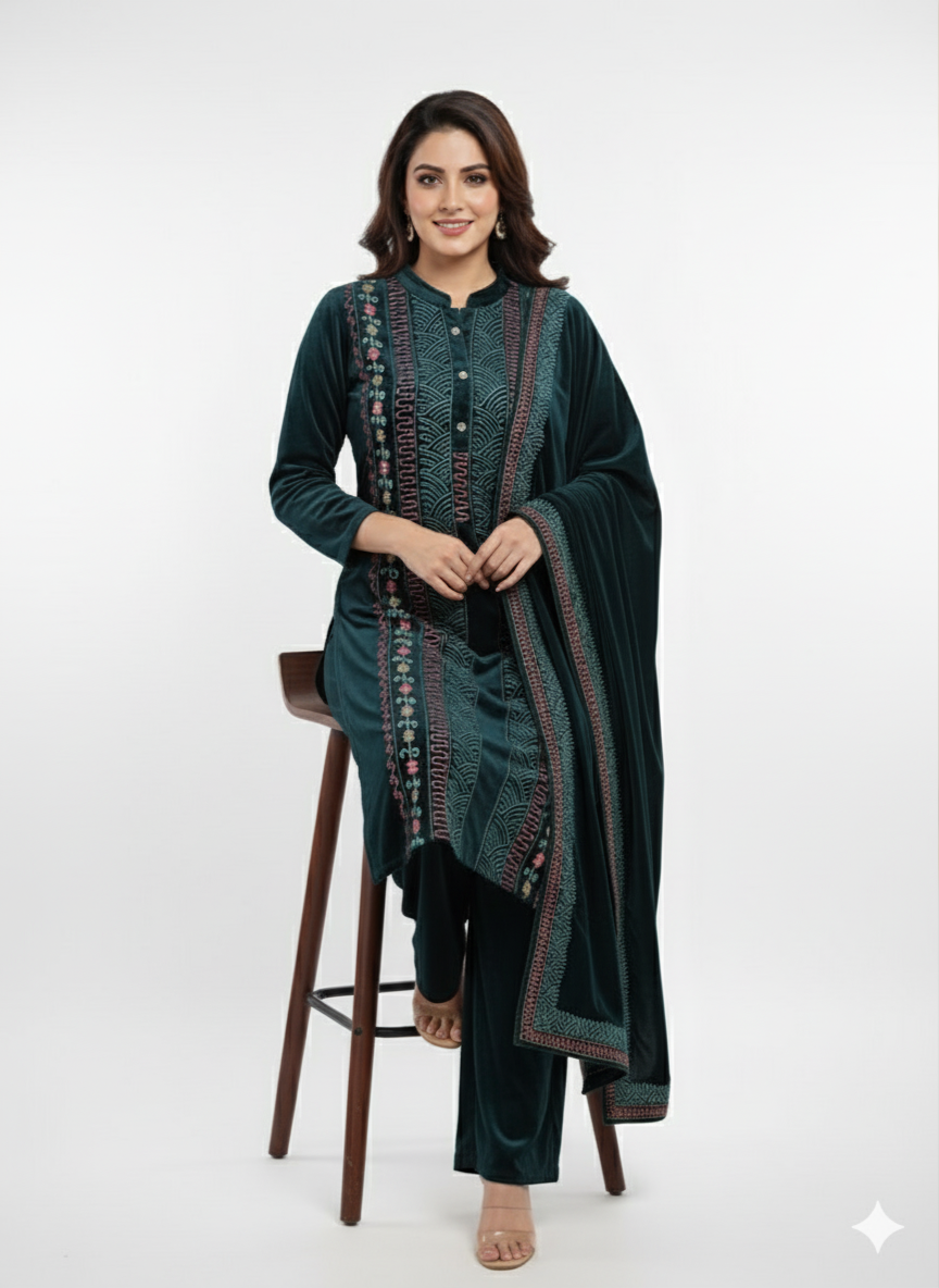 KRITI विंटर वेलवेट 3 पीस कढ़ाई कुर्ती सेट टील रंग महिलाओं के लिए
