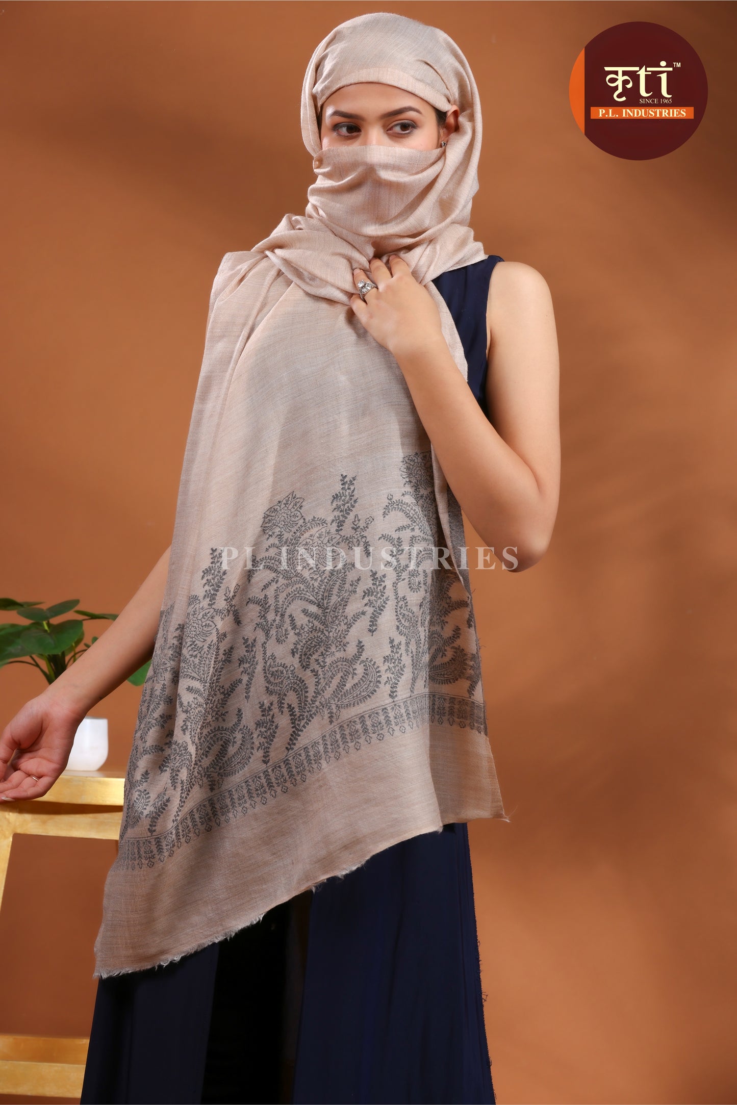 KRITI Premium Pashmina (Fine Wool) Lightweight Beige Color Stole For Girl