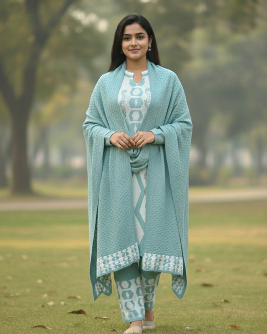 Women's Geometric Print Sea Green Color Woolen Kurti Set  | Warm Winter 3-Piece Suit