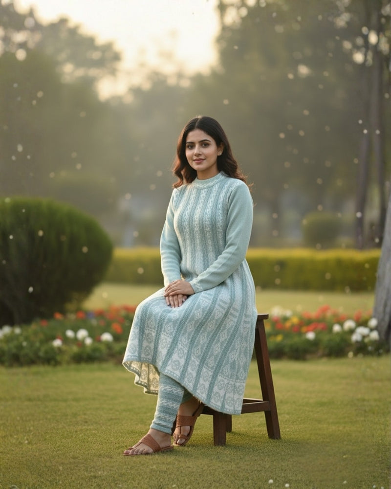KRITI बुना हुआ ऊनी फ्रॉक कुर्ता सेट | बॉटम वियर के साथ 2-पीस विंटर कुर्ती 