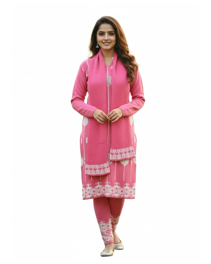 KRITI Wool Blend 3-Piece Embroidered Kurti Set for Women | Warm Knitted Kurti Lower & Stole Dupatta | Winter Indian Ethnic Wear Suit | M to XXL |