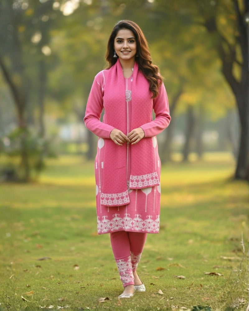 KRITI Wool Blend 3-Piece Embroidered Kurti Set for Women | Warm Knitted Kurti Lower & Stole Dupatta | Winter Indian Ethnic Wear Suit | M to XXL |