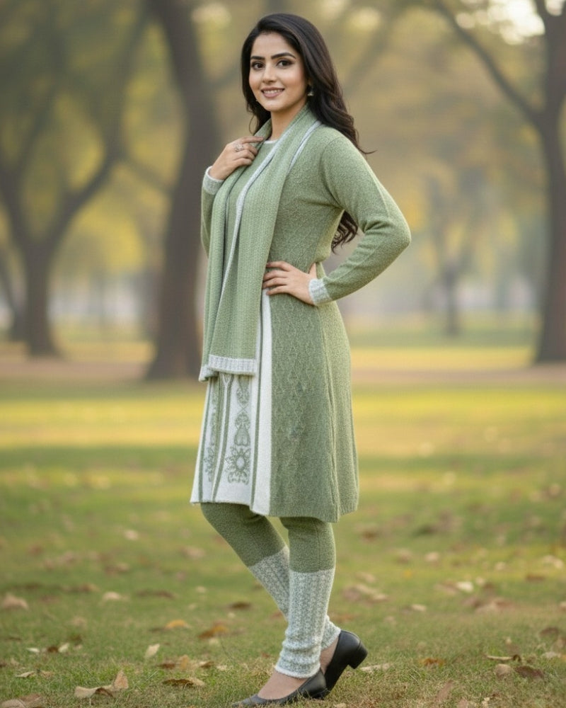 Full Sleeve Knee Length Woolen Fabric Pista Color 3 PC Kurti Set For Women