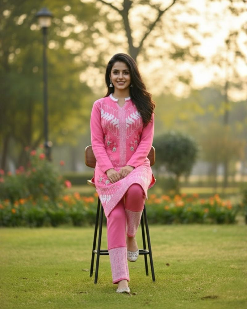 प्रीमियम 3-पीस ऊनी विंटर कुर्ती सेट | बॉटम और स्टोल के साथ बुना हुआ कुर्ता | M-XXL साइज़