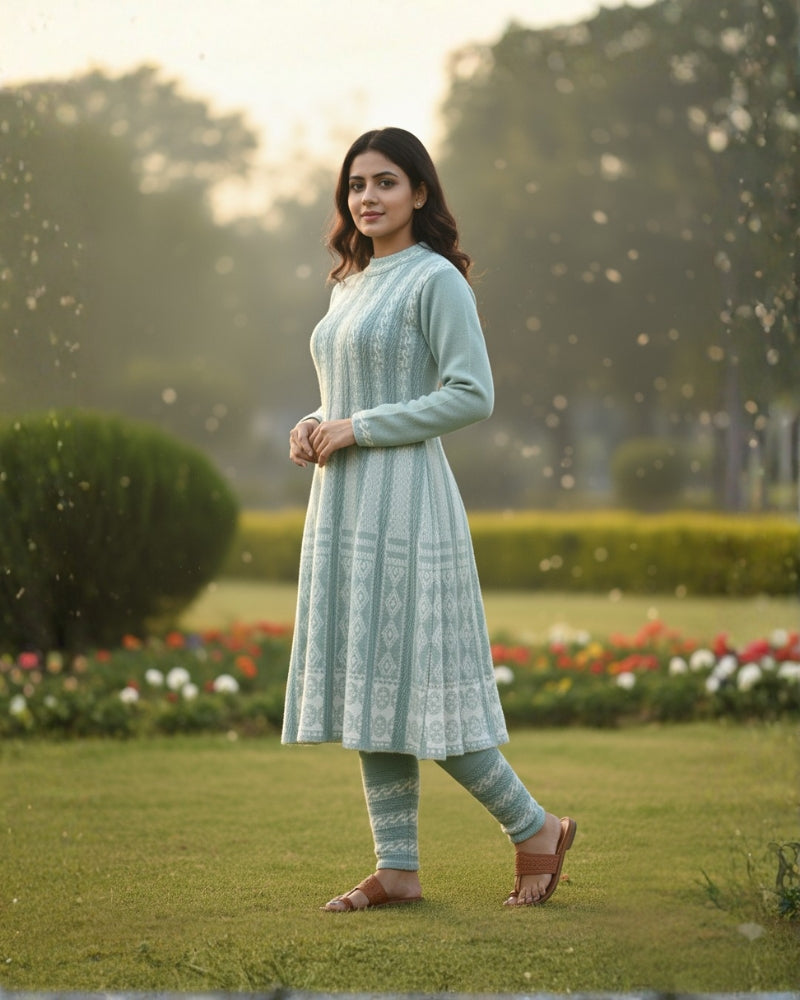 KRITI बुना हुआ ऊनी फ्रॉक कुर्ता सेट | बॉटम वियर के साथ 2-पीस विंटर कुर्ती 