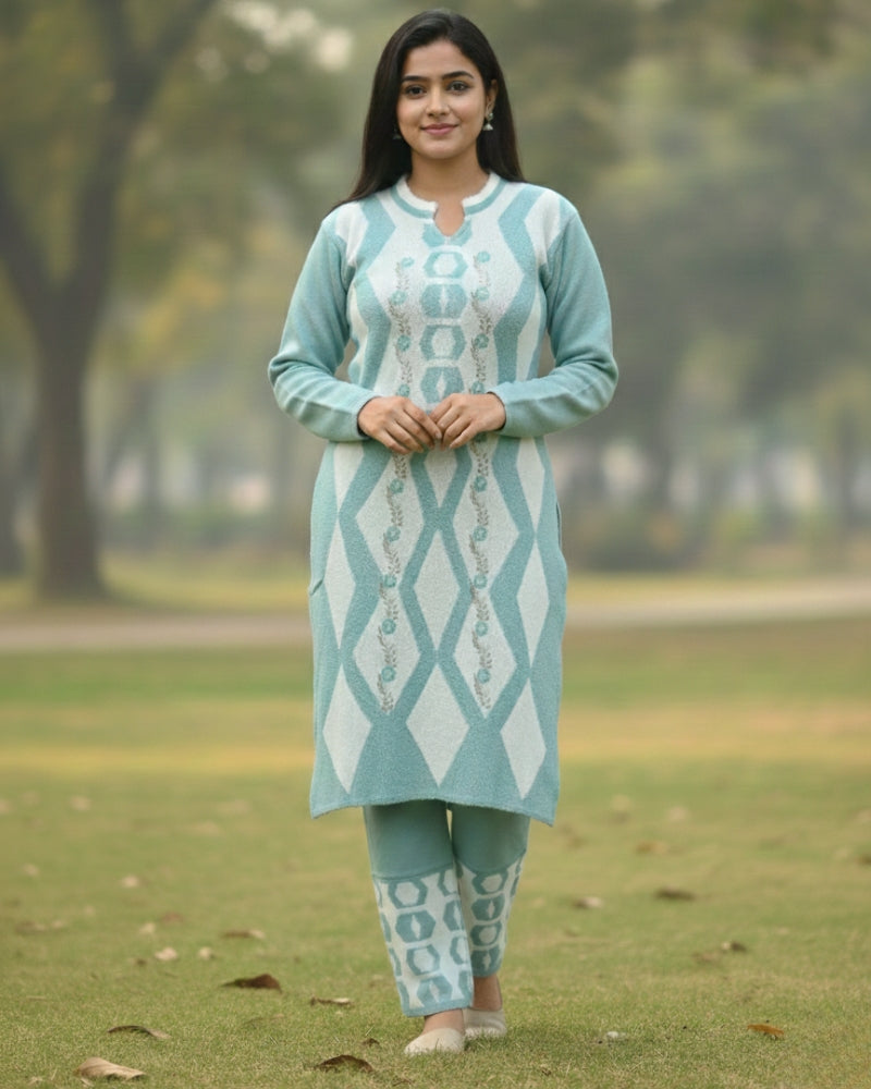 Women's Geometric Print Sea Green Color Woolen Kurti Set  | Warm Winter 3-Piece Suit