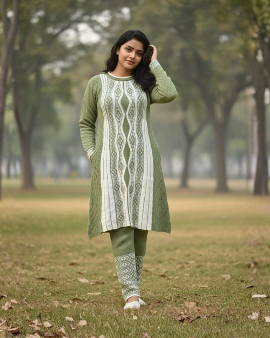 Full Sleeve Knee Length Hair Wool Fabric Pista Color 3 PC Kurti Set For Women