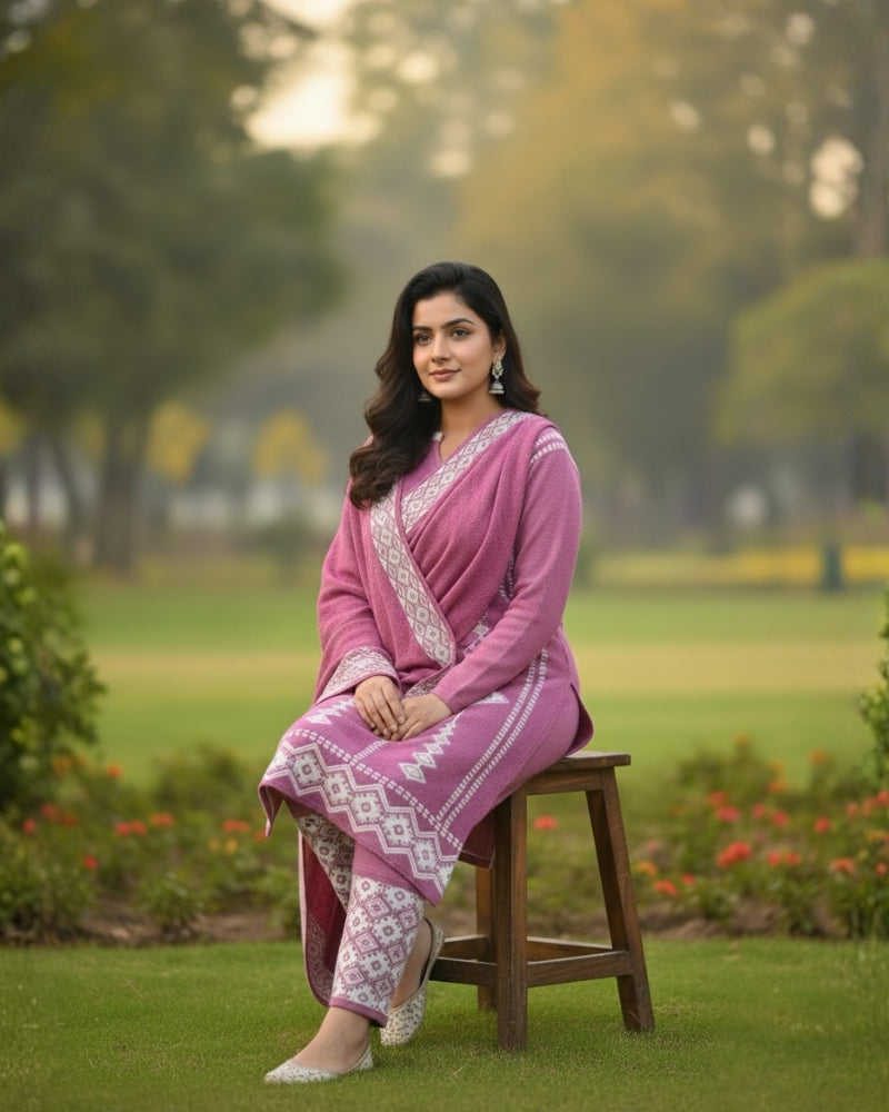 प्रीमियम 3-पीस ऊनी विंटर कुर्ती सेट | बॉटम और स्टोल के साथ बुना हुआ कुर्ता | M-XXL साइज़