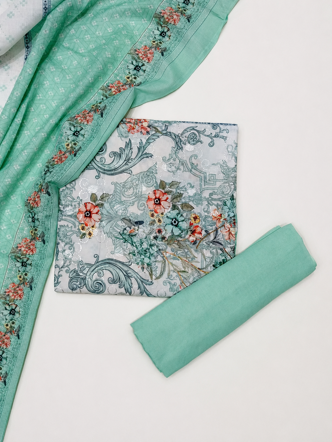 Designer Printed Cotton Unstitched Summer Suit - Green