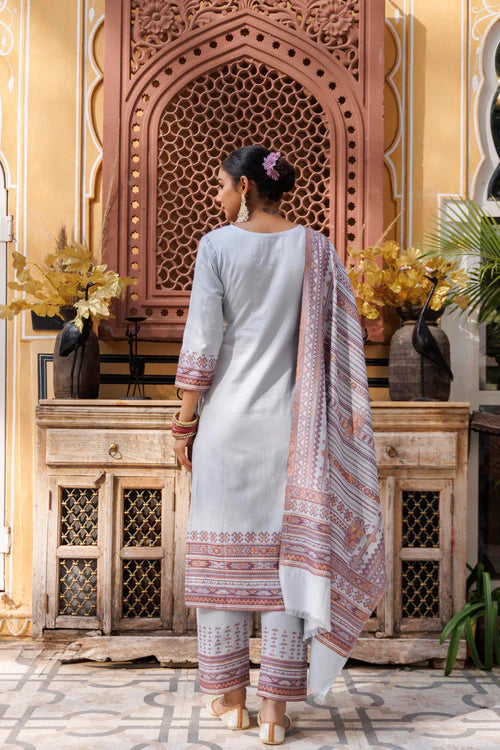 Cotton Silk Pant Suit 3 Pcs- Light Grey
