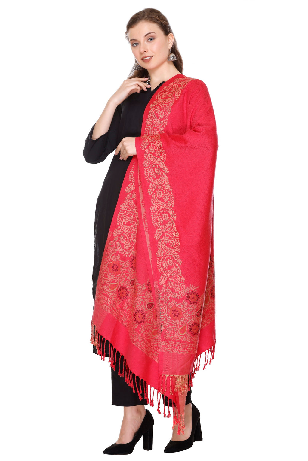 Floral Border Woollen Color Stole - Carrot