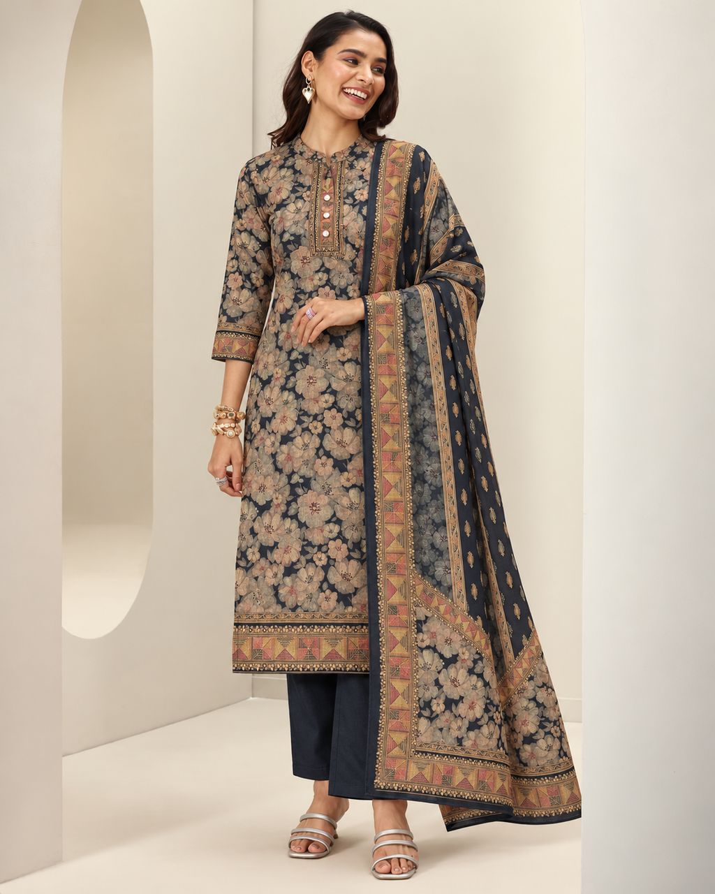Embroidered Winter Woolen stitched Suit- Black