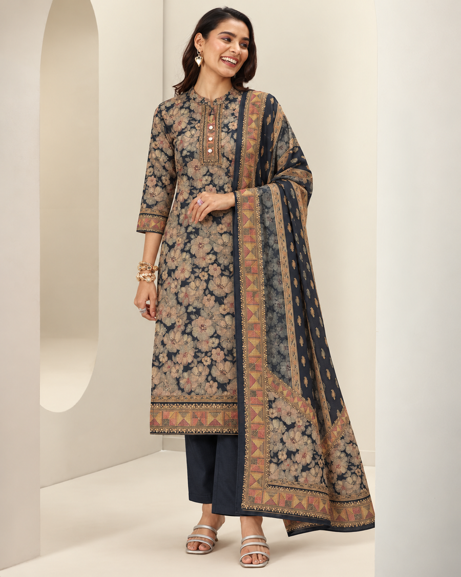 Embroidered Winter Woolen stitched Suit- Black