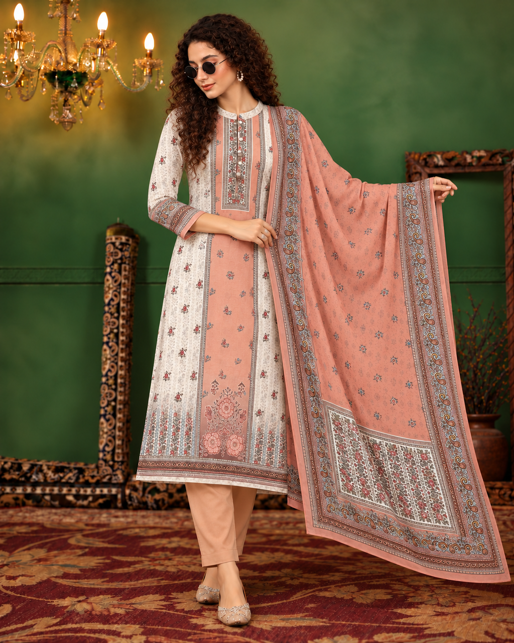 Embroidered Winter Woolen stitched Suit- Peach