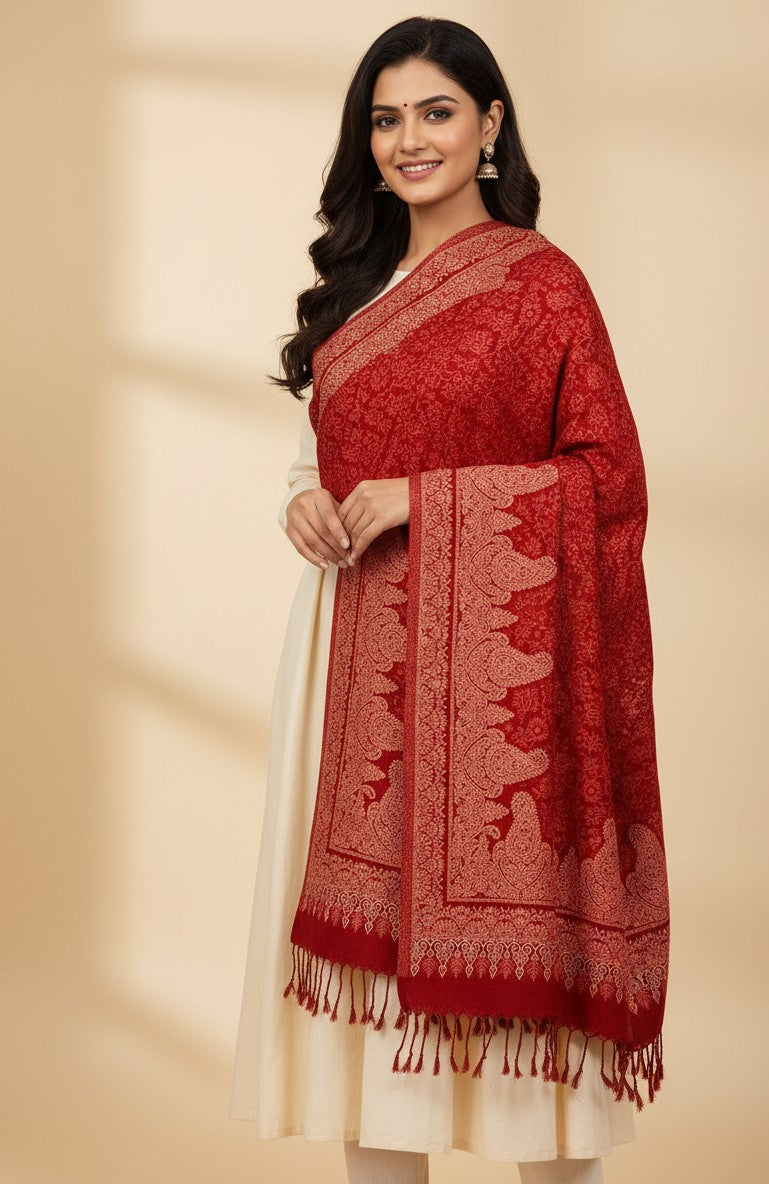 Paisley Pattern Woolen Stole - Maroon