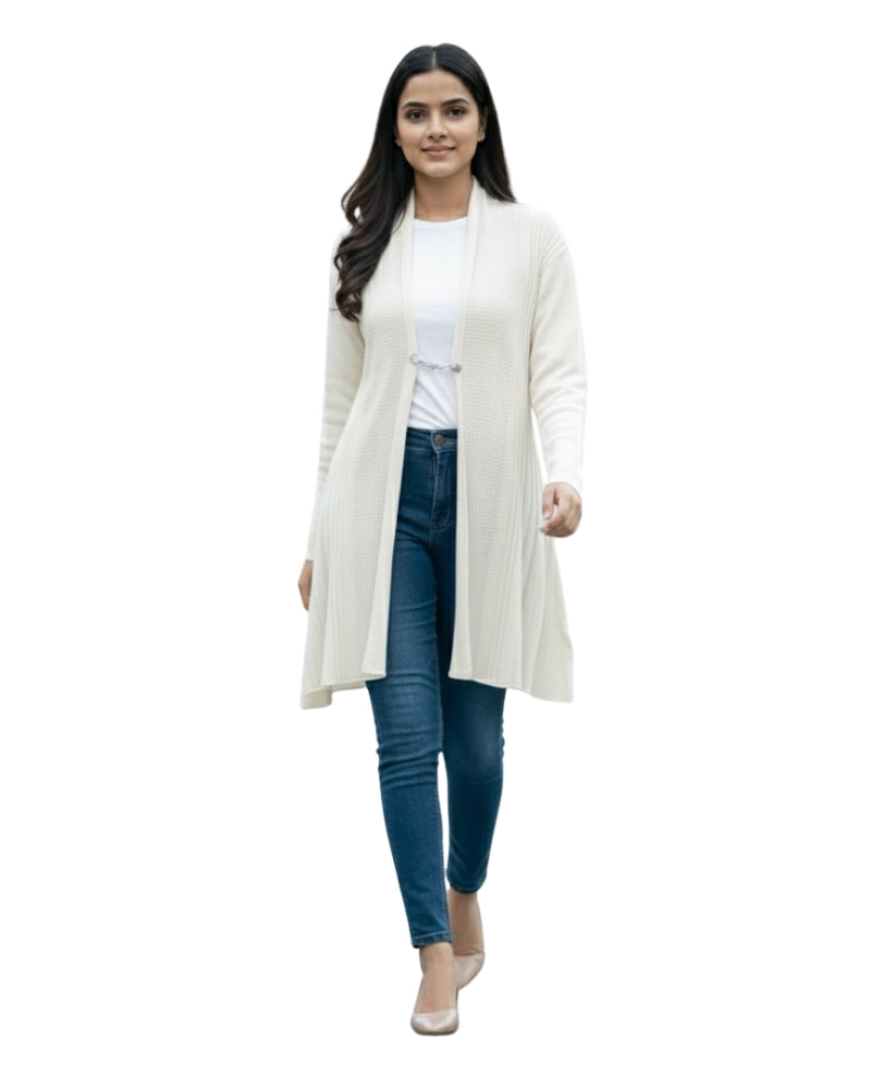 Winter Woolen Long Knitted Shrug - White