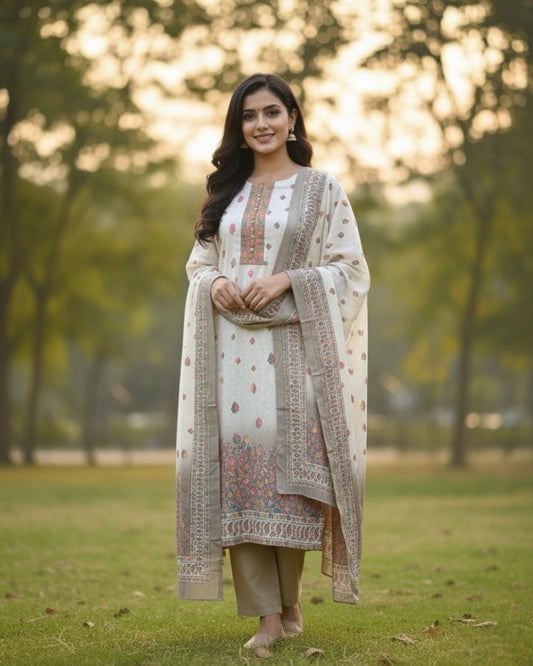 KRITI Winter Woolen Digital Print Stitched Suit Camel Color For Women