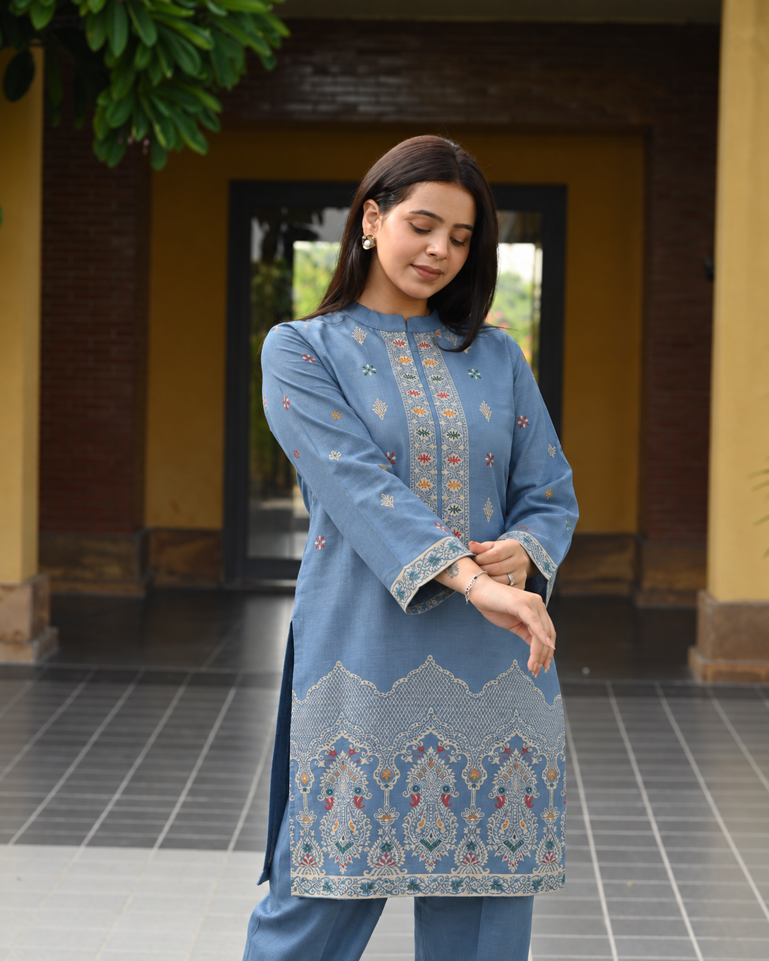 Winter Woolen Printed Cord Set - Grey