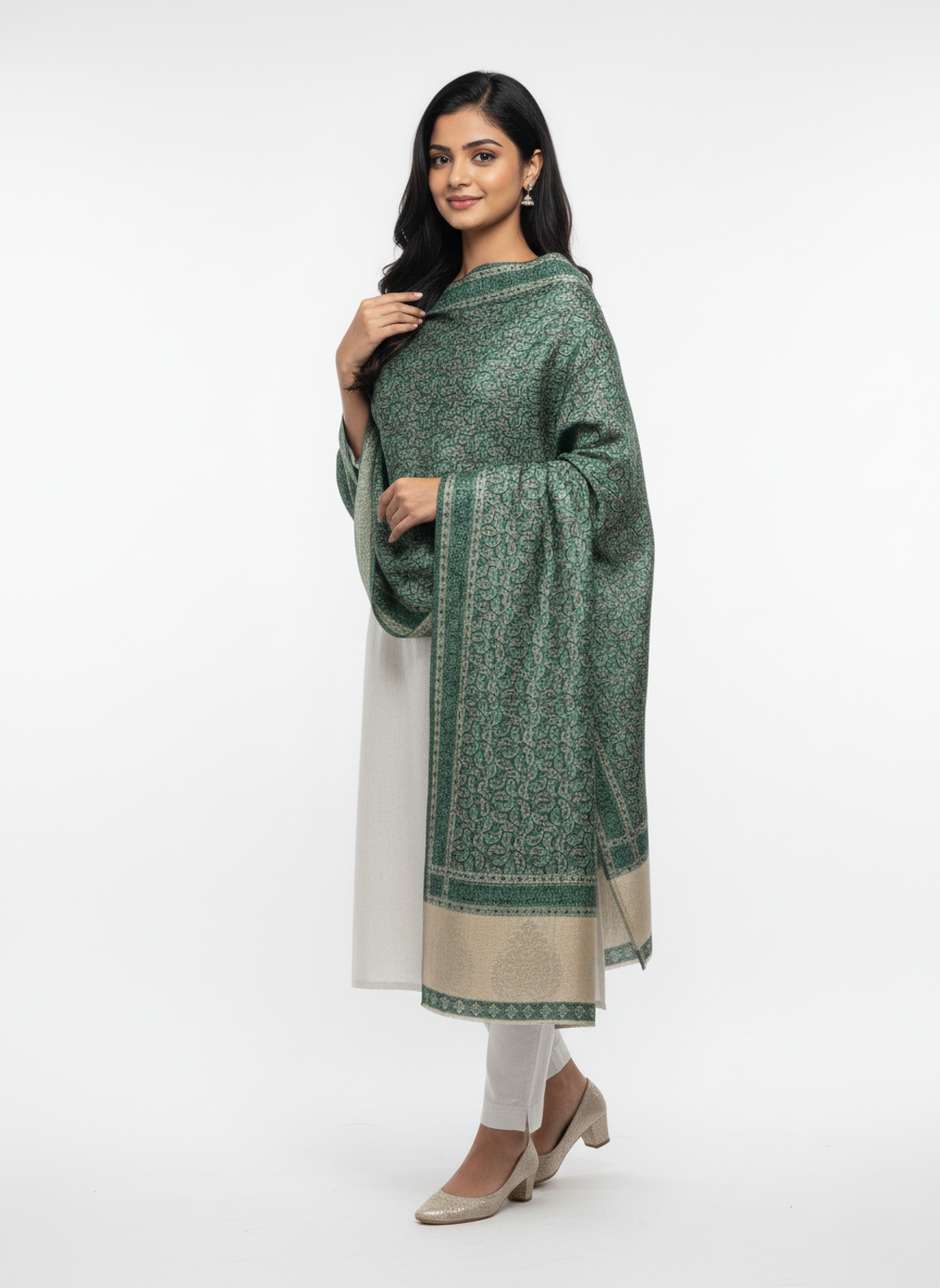 Paisley Pattern Woolen Green Color Shawl