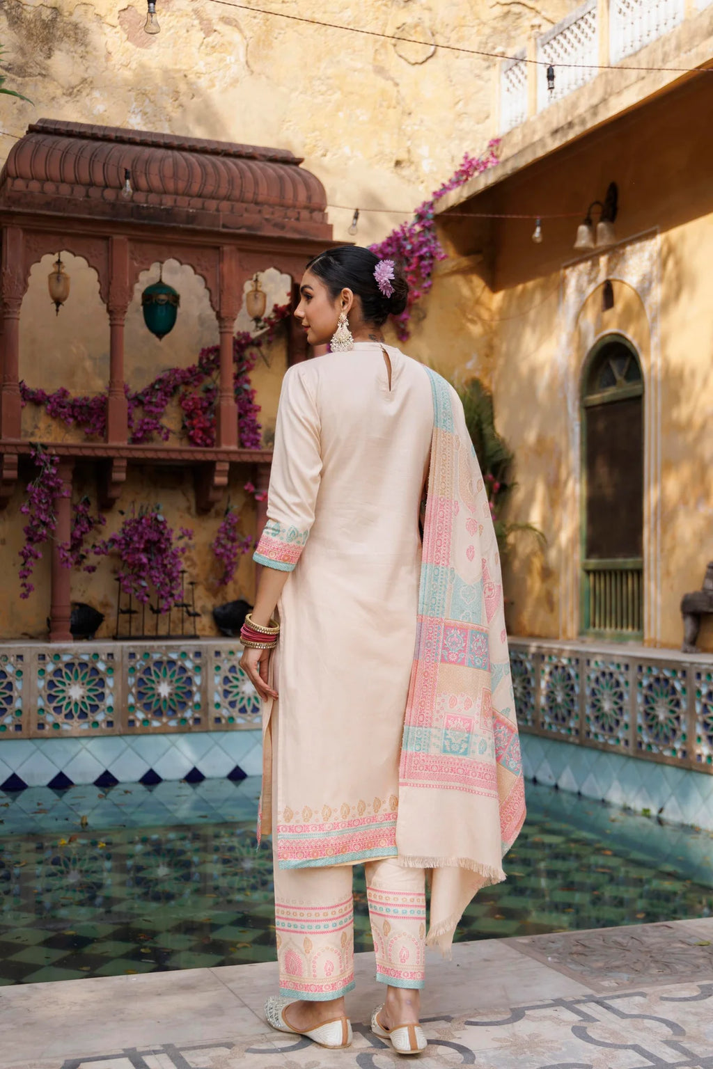 Cotton Silk Collar Pant Suit 3 Pcs- Light Peach