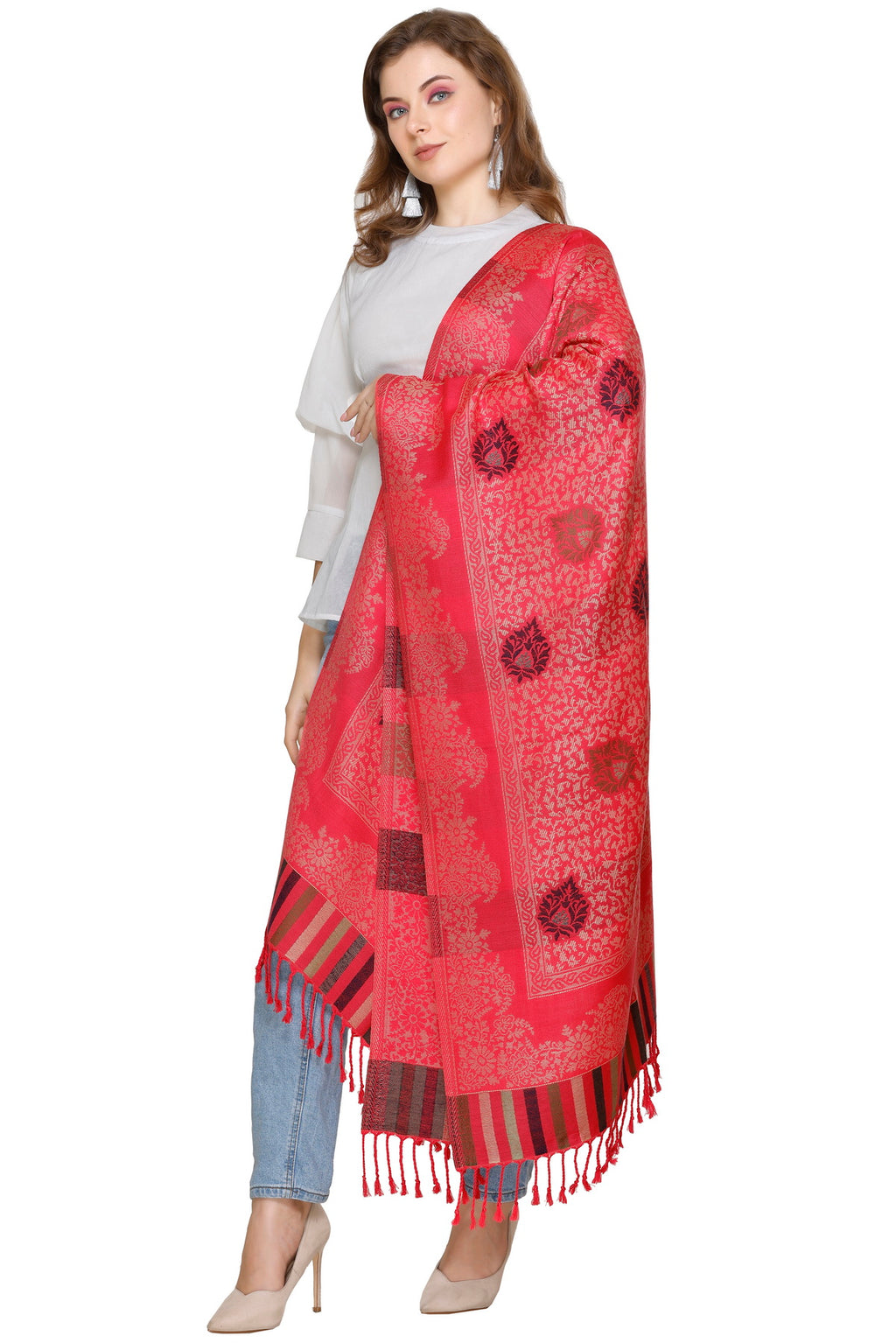 Floral Designer Woolen Stole- Red