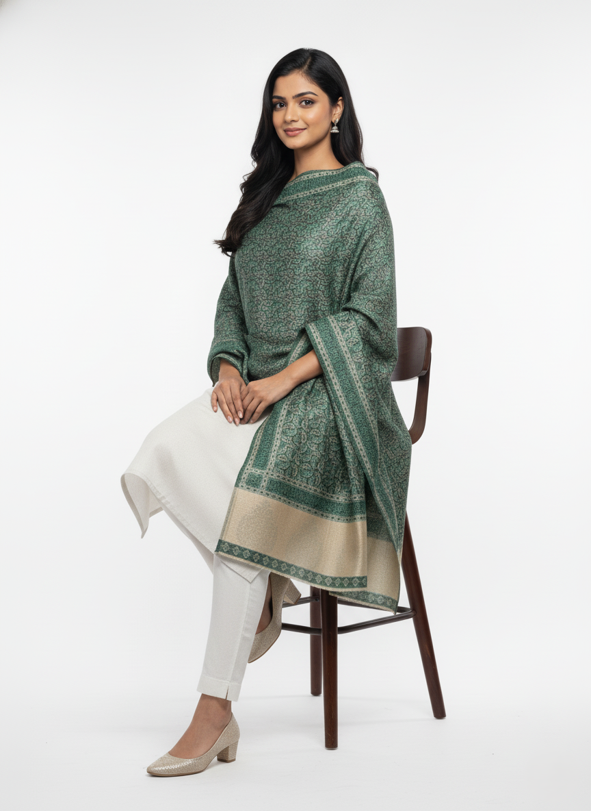 Paisley Pattern Woolen Green Color Shawl