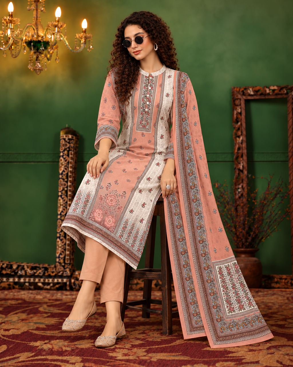 Embroidered Winter Woolen stitched Suit- Peach