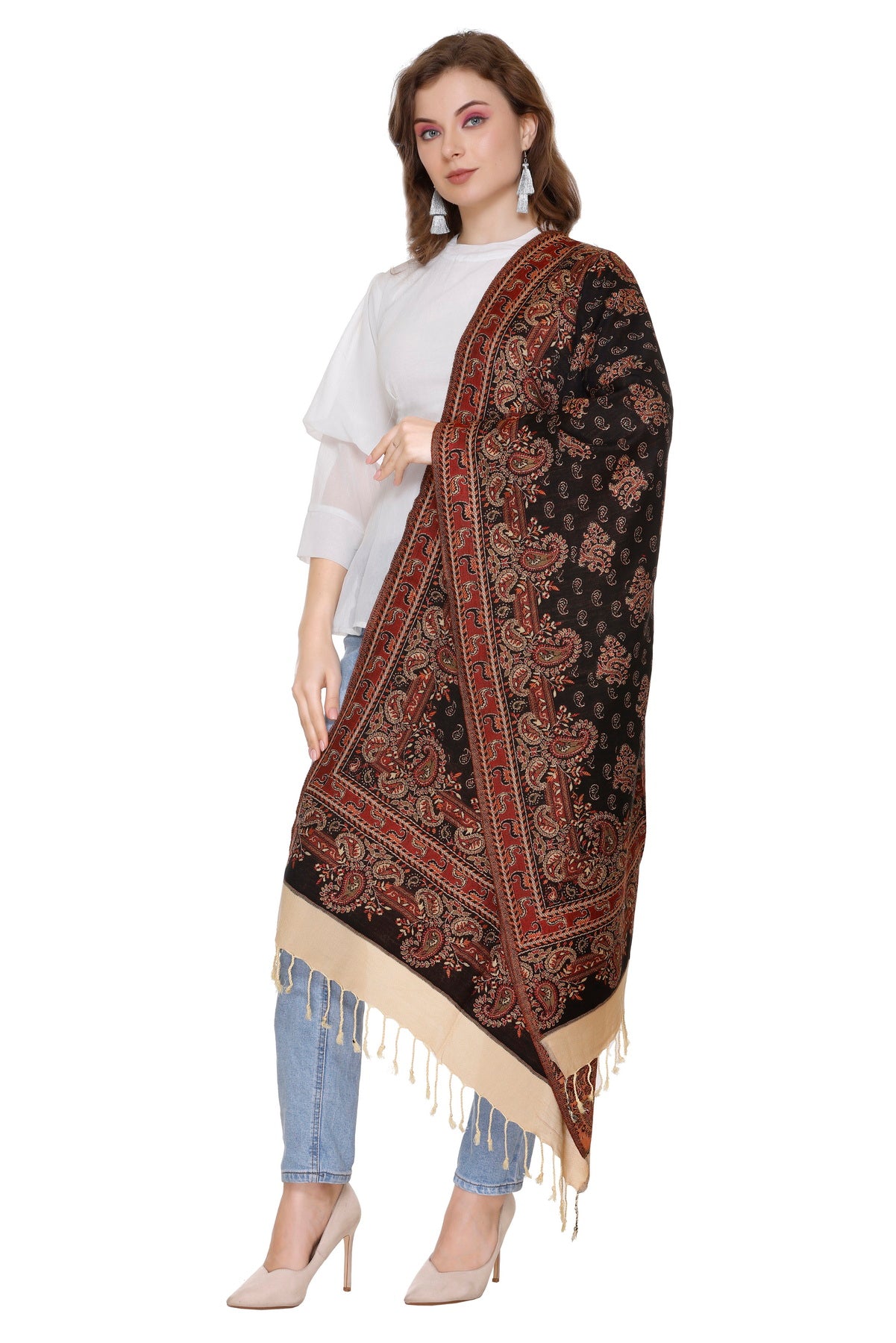 KRITI Kashmiri Design Woollen Black Color Stole For Girl