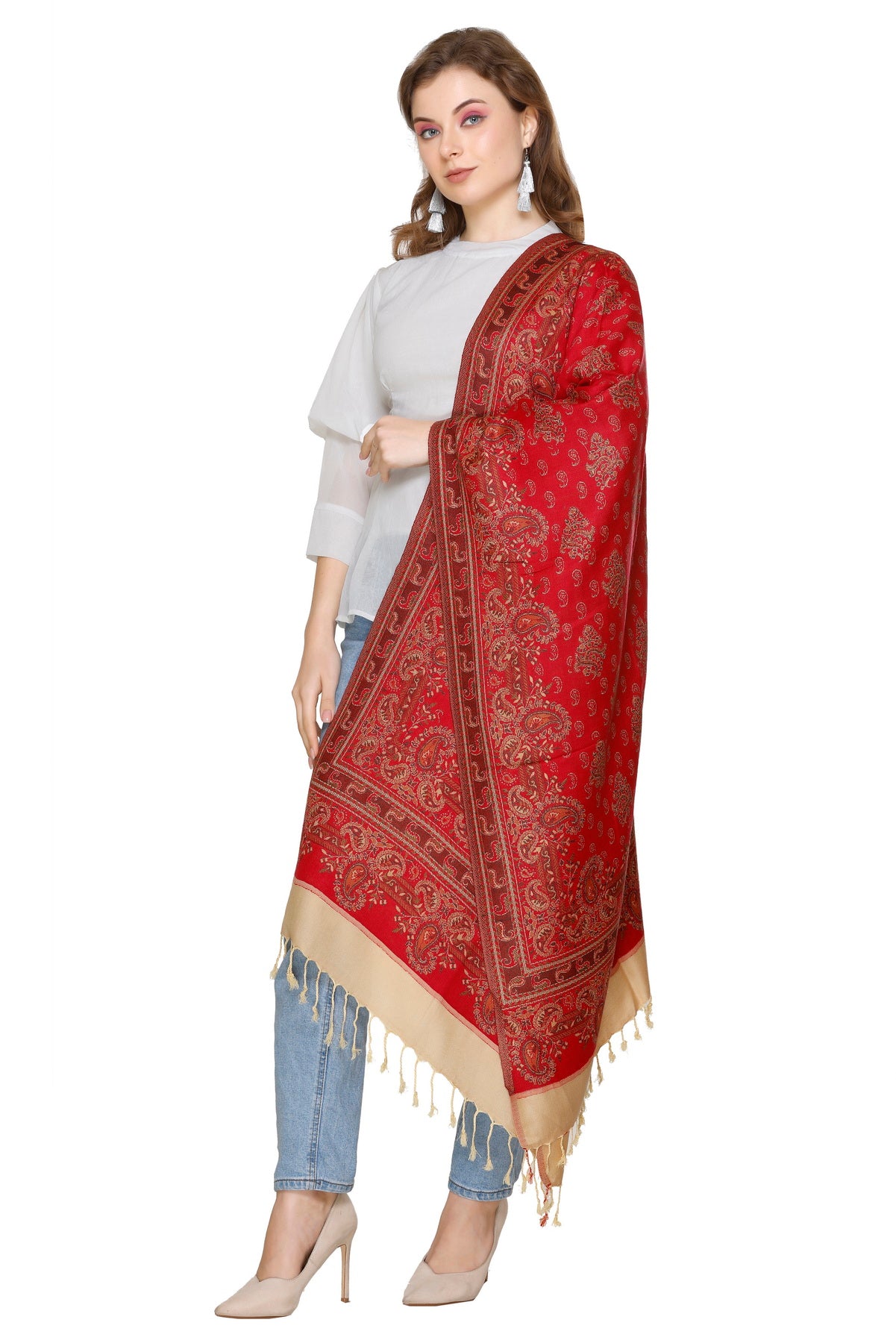 KRITI Floral Designer Woollen Red Colour Stole For Girl
