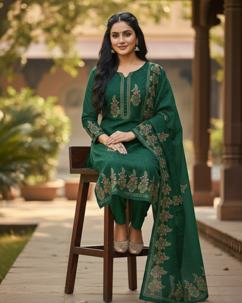 KRITI Winter Woolen Unstitched Suit Green Color For Women