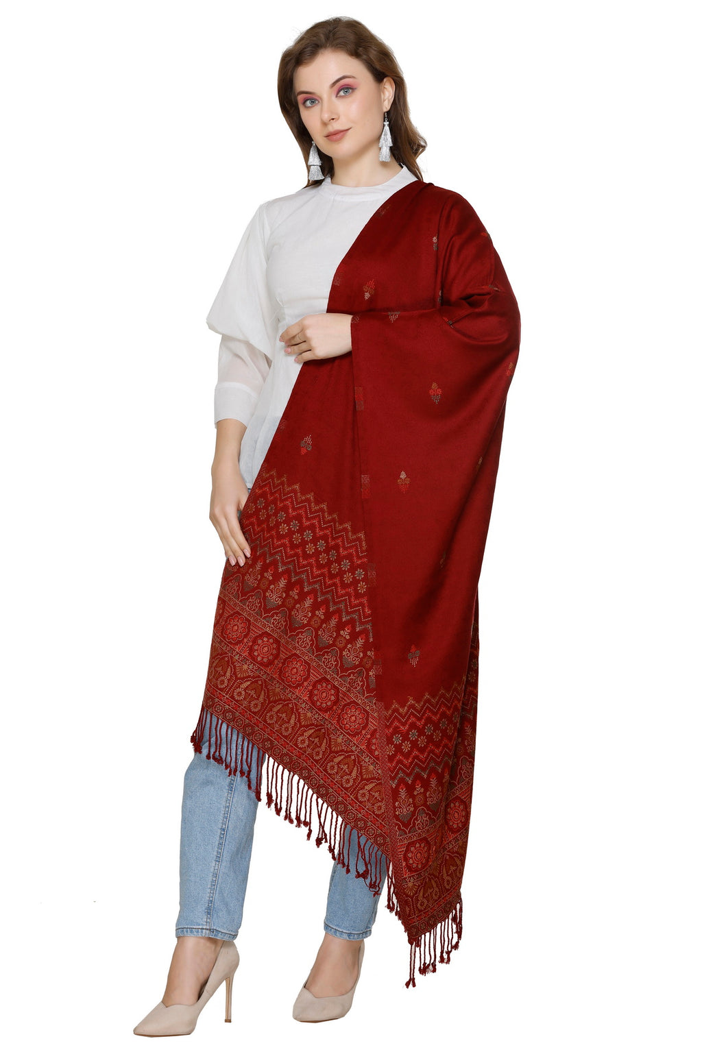 Jacquard Design Woollen Stole - Maroon