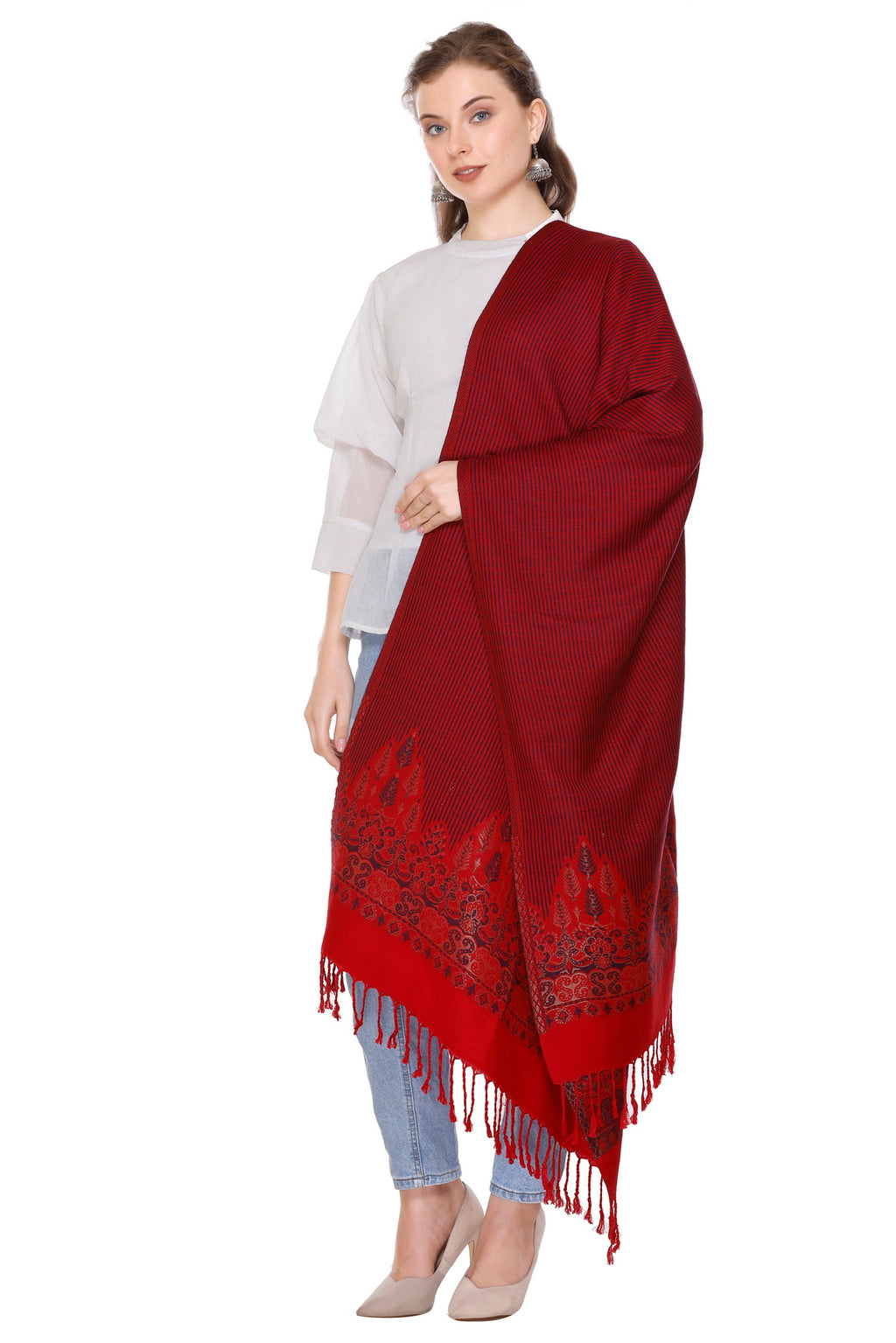 Woven Border Woollen Stole - Maroon