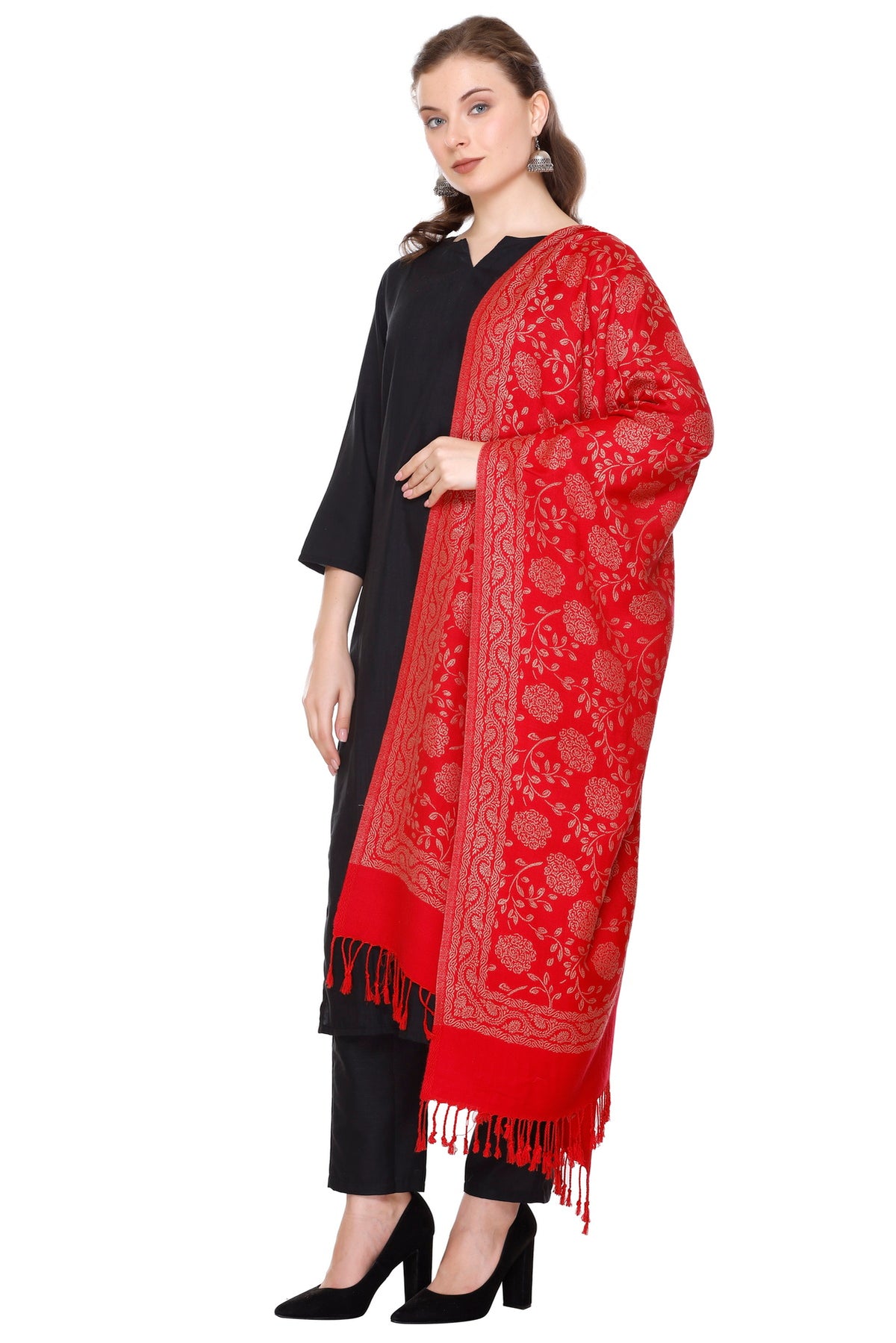 Floral Pattern Woollen Winter Stole - Red