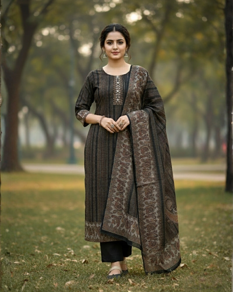 KRITI Winter Woolen Digital Print Stitched Suit Black Color For Women