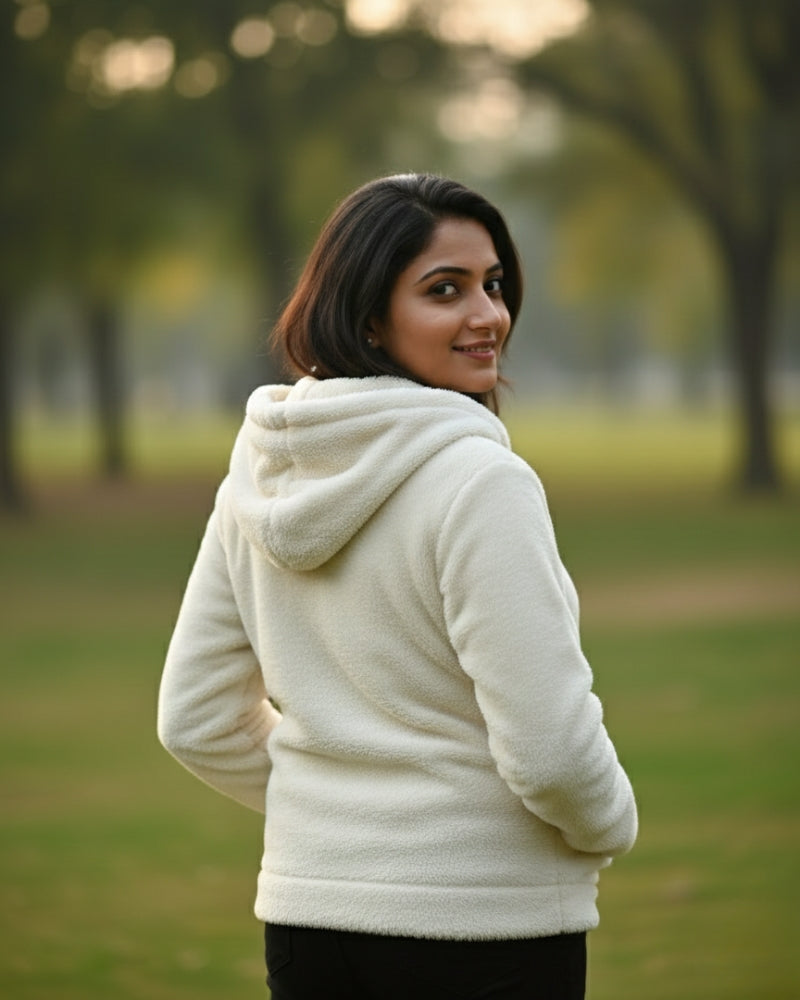 Woolen Blend Warm Hooded Sweatshirt - White